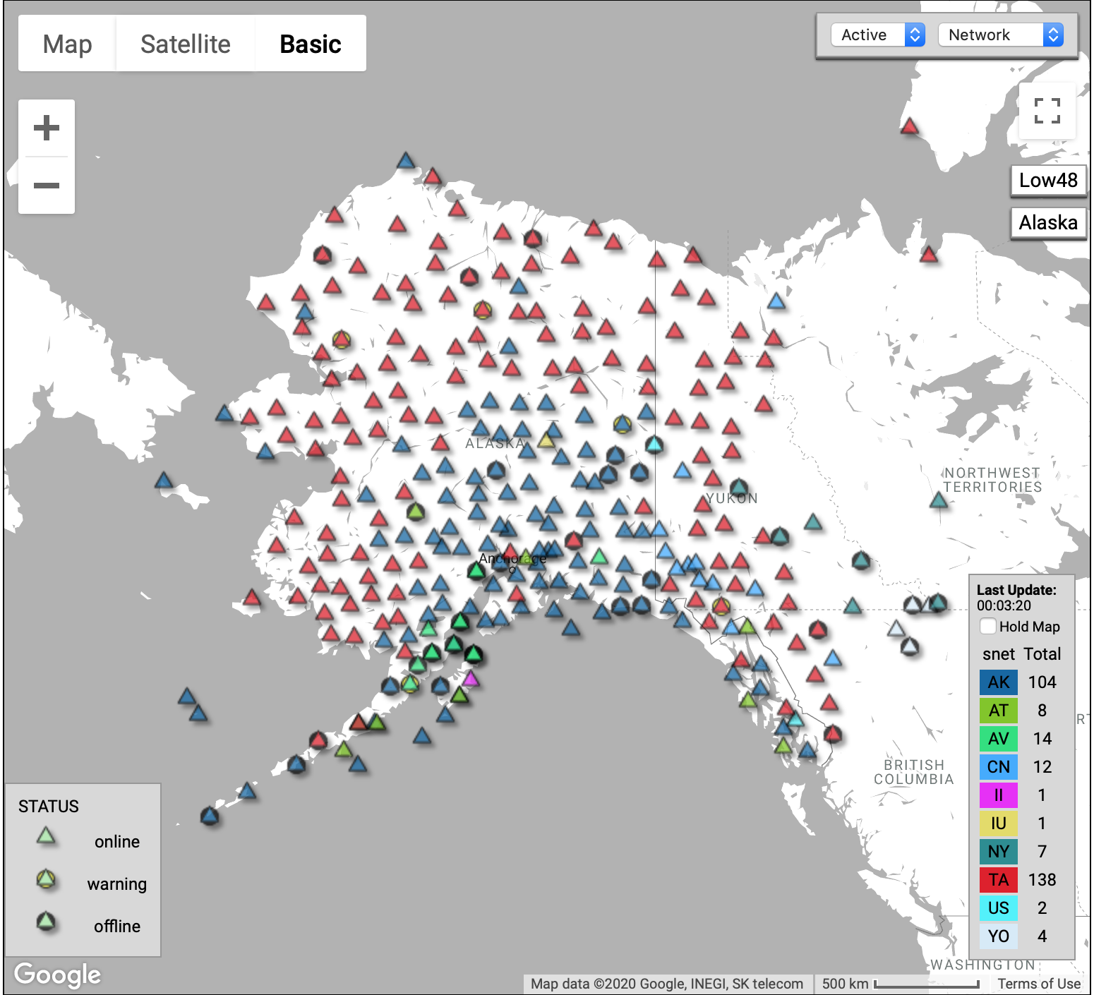  Map showing active status of seismic stations 